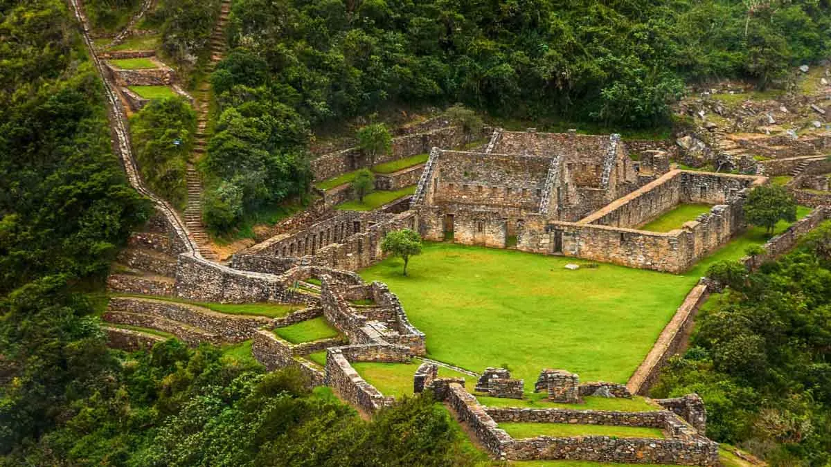 Aerial view of the main plaza and Inca buildings of Choquequirao