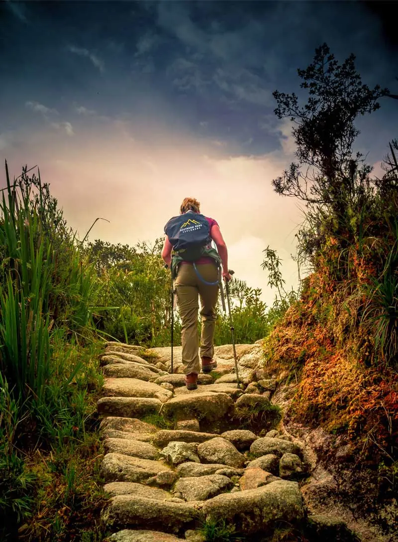 Hiker walking down Inca stone steps through the cloud forest on the Inca Trail