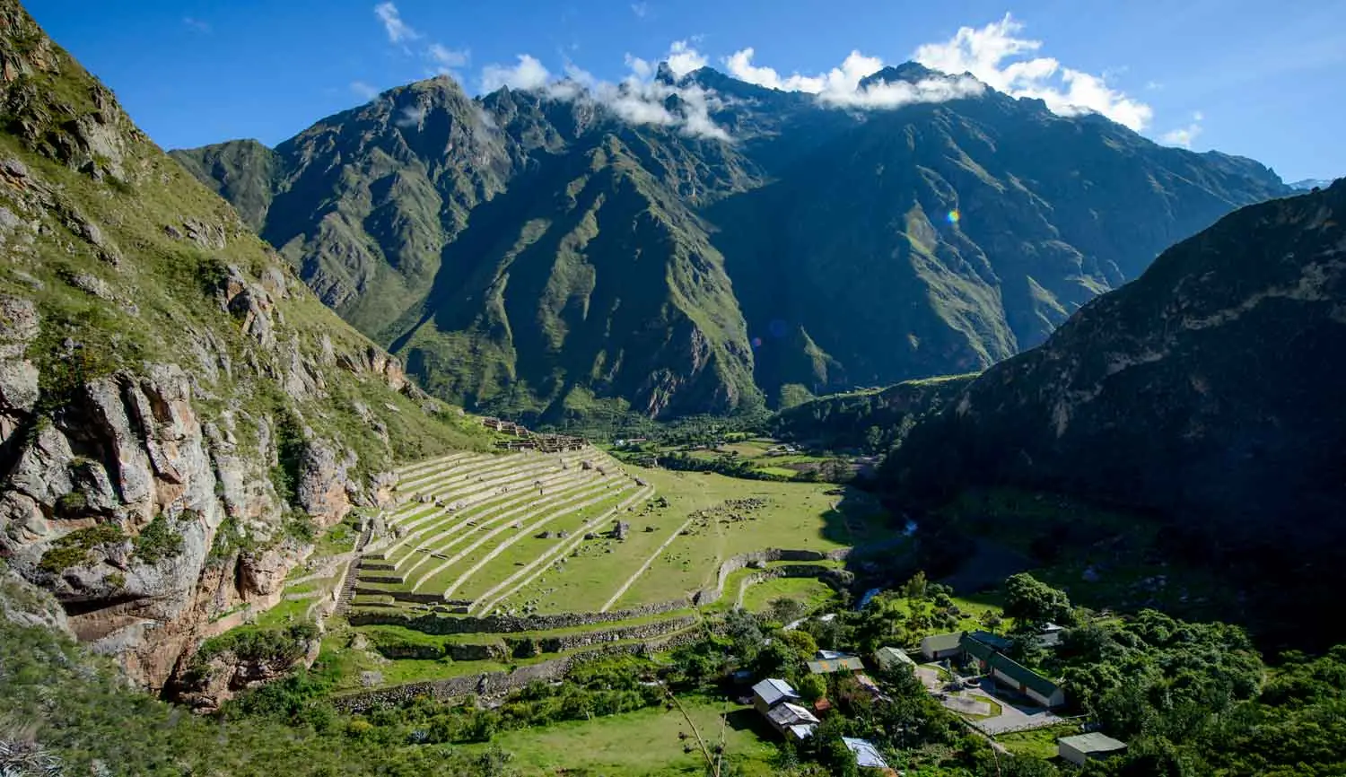 Llactapata Inca terraces in the Cusichaca valley, first archaeological site of the Inca Trail