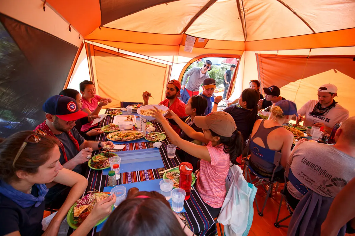 Trekkers sharing a meal in the dining tent on the Classic Inca Trail