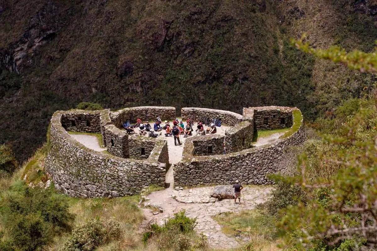 Circular Inca ruins of Runkurakay seen from above on the Inca Trail