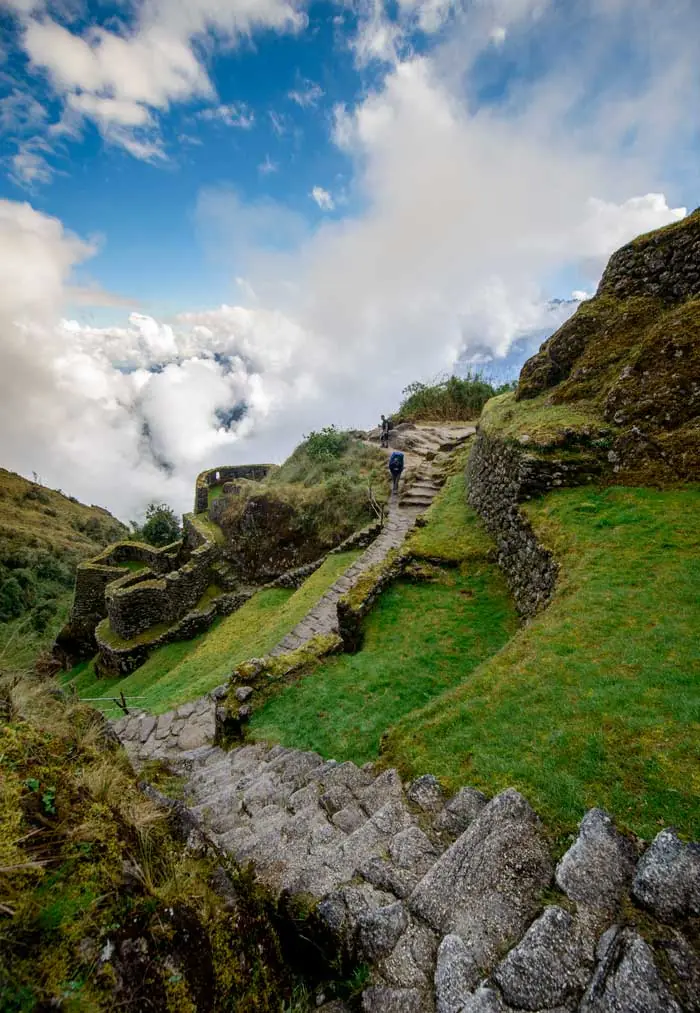 Sayacmarca Inca ruins on a mountain ridge of the Classic Inca Trail