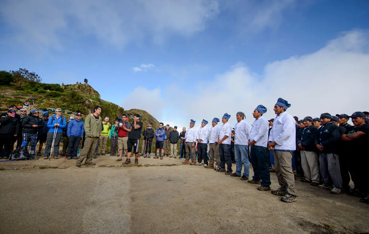 Southern Peru Explorers porters and cooks lined up to welcome trekkers on the Inca Trail