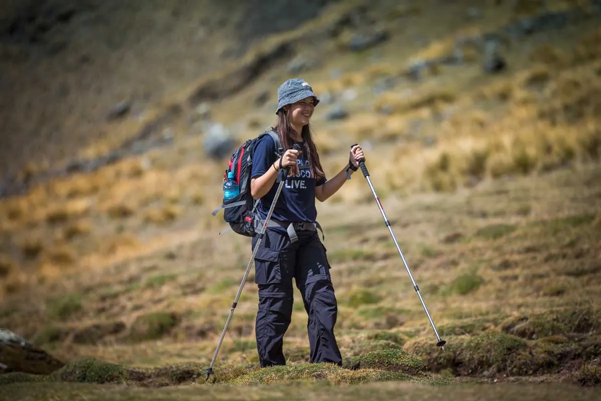 Hiker with a backpack and trekking poles on a grassy hillside