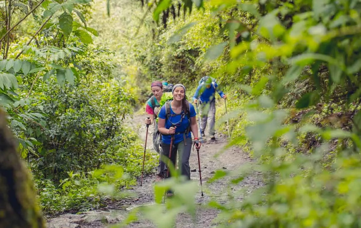 Smiling hikers on a cloud forest section of the trek