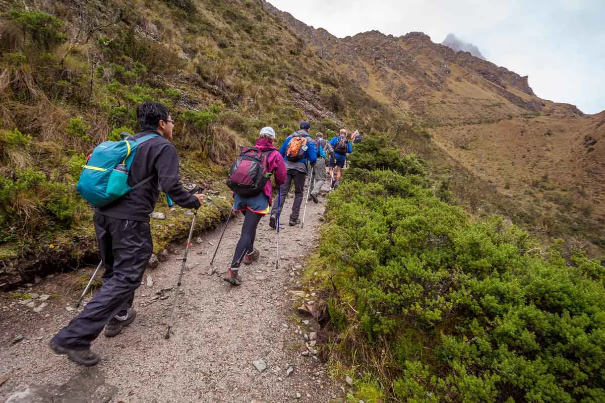 Hikers climbing toward Dead Woman's Pass on the Inca Trail