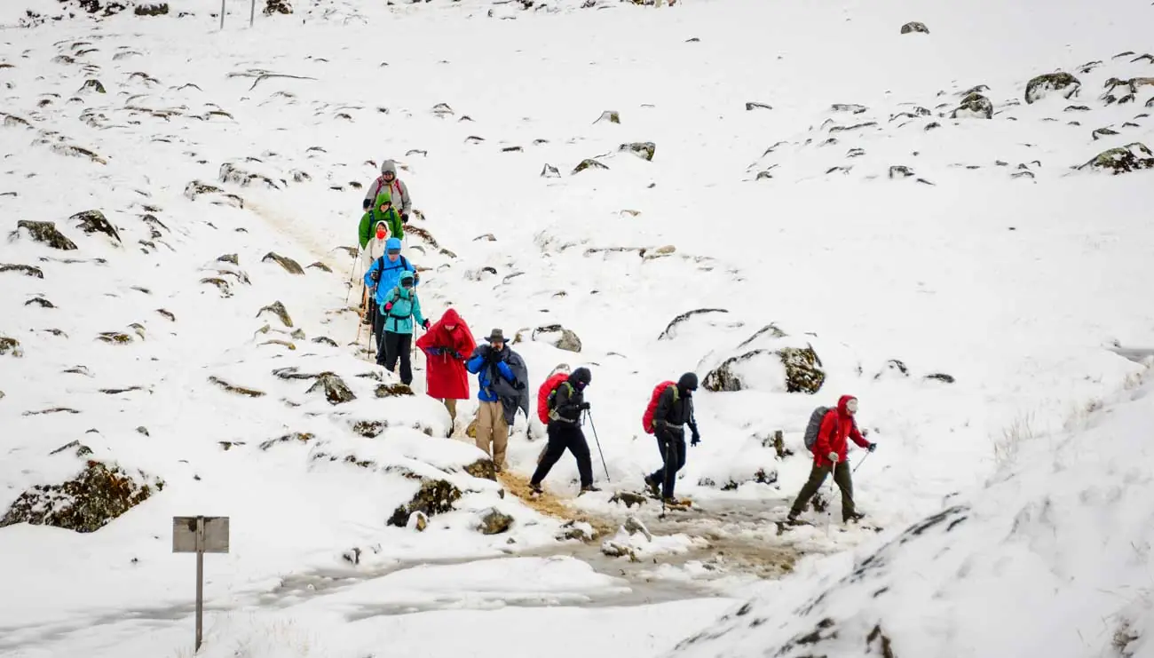 Hikers crossing snow near the Salkantay Pass