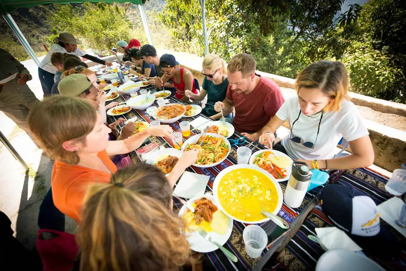 Travellers sharing lunch during the Short Inca Trail tour