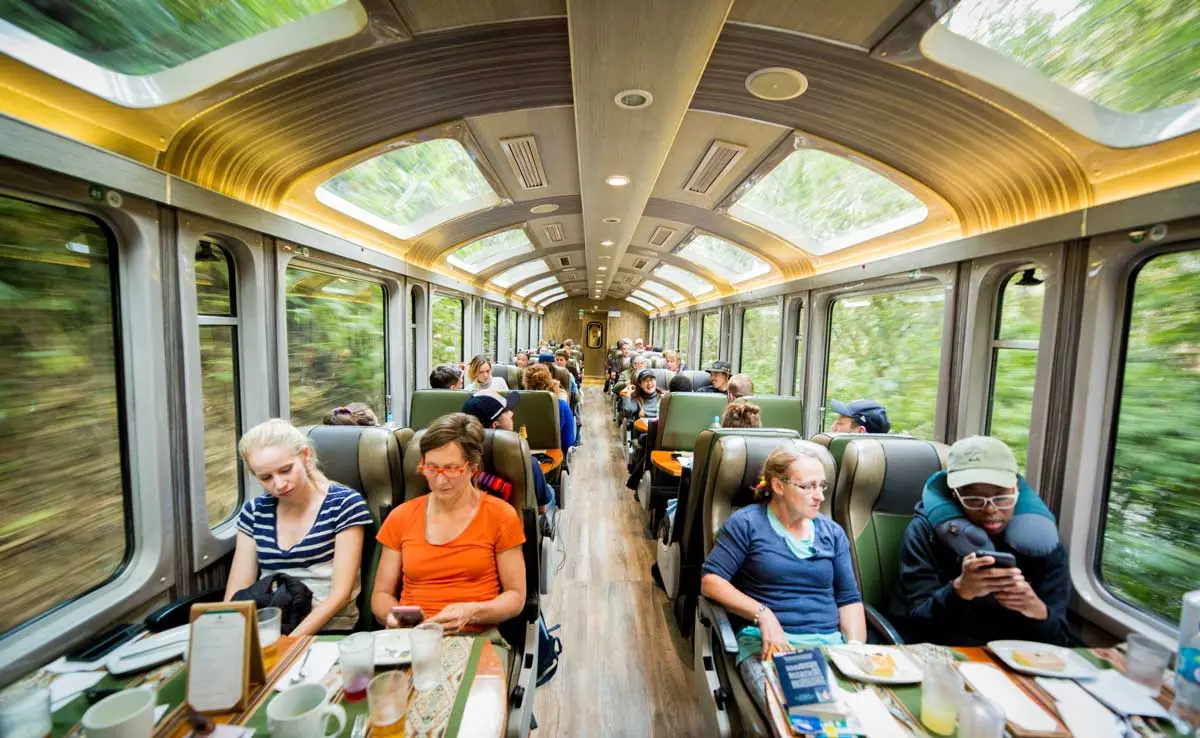 Inside the panoramic train to Km 104 along the Urubamba valley