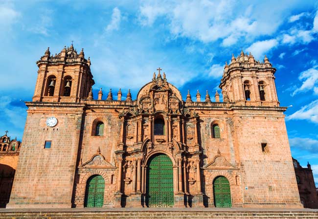 Cathedral of Cusco in Peru featuring grand colonial architecture, stone fa?ade, and towers overlooking Plaza de Armas in the historic center