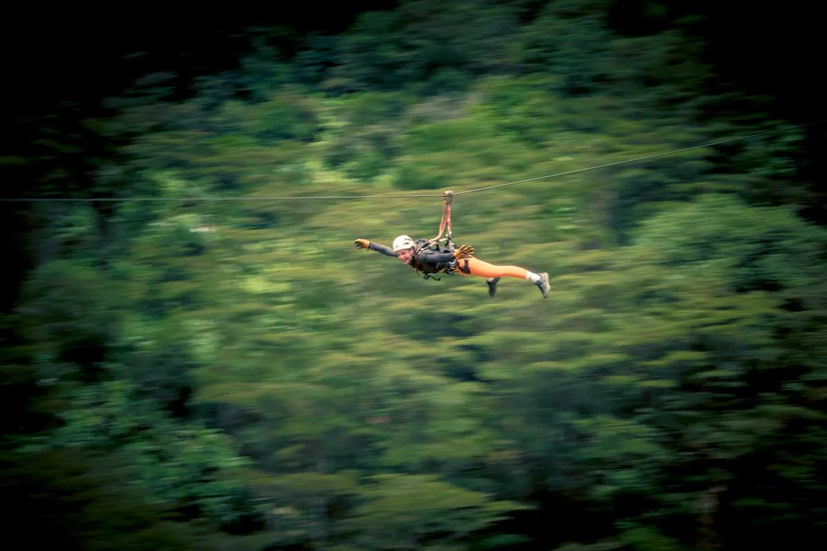 Zipline rider flying face down over the forest
