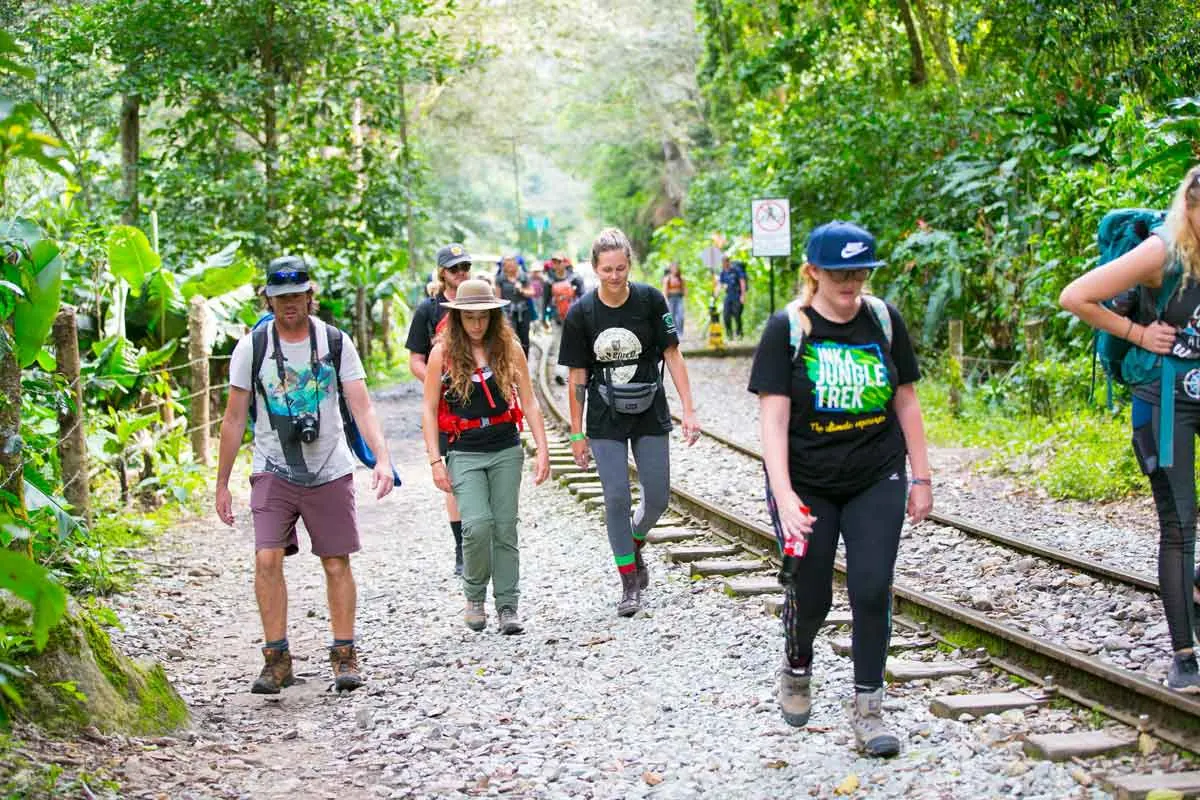 Hikers walking along the railway line toward Aguas Calientes